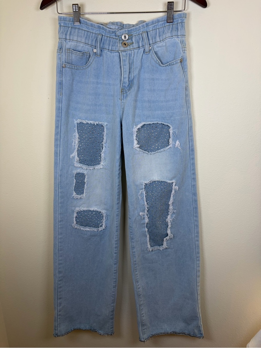 Y2K Bling Patchwork Wide Leg Jeans Rhinestone Denim Size 1/25